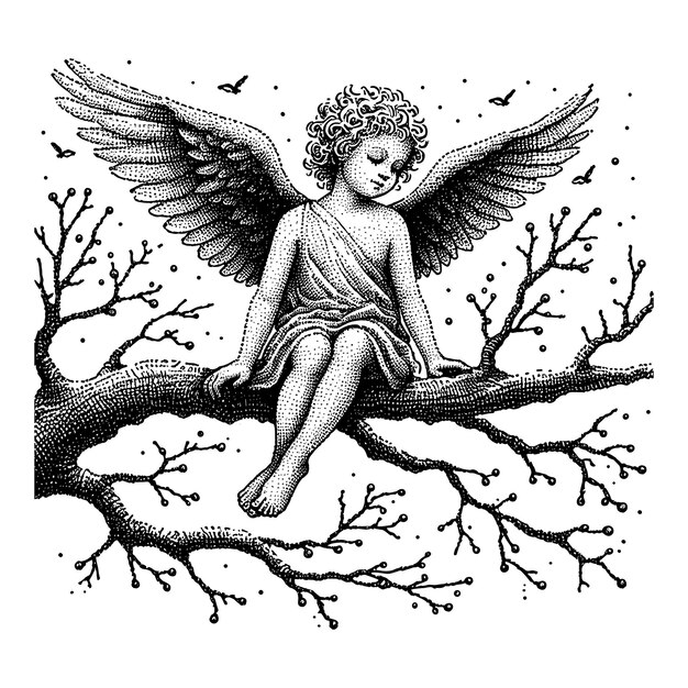 Vector an angel sits on a tree branch in a black and white drawing