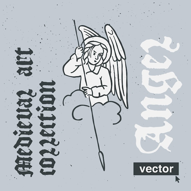 Angel vector engraving style illustration Medieval art with blackletter calligraphy