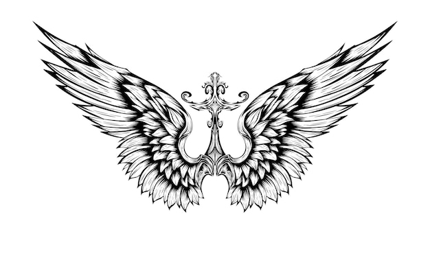 Angel wings with tribal sword tatto vector decoration