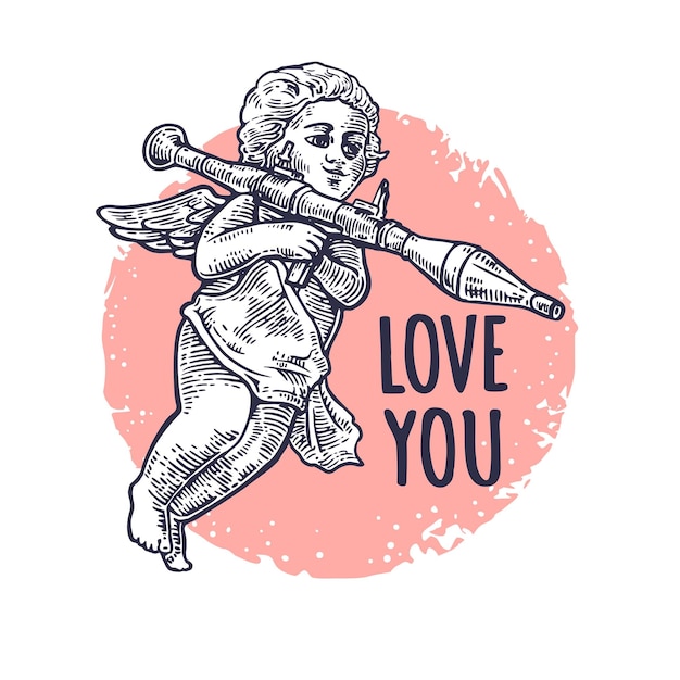 Angel with a grenade launcher LOVE YOU lettering Vector engraving