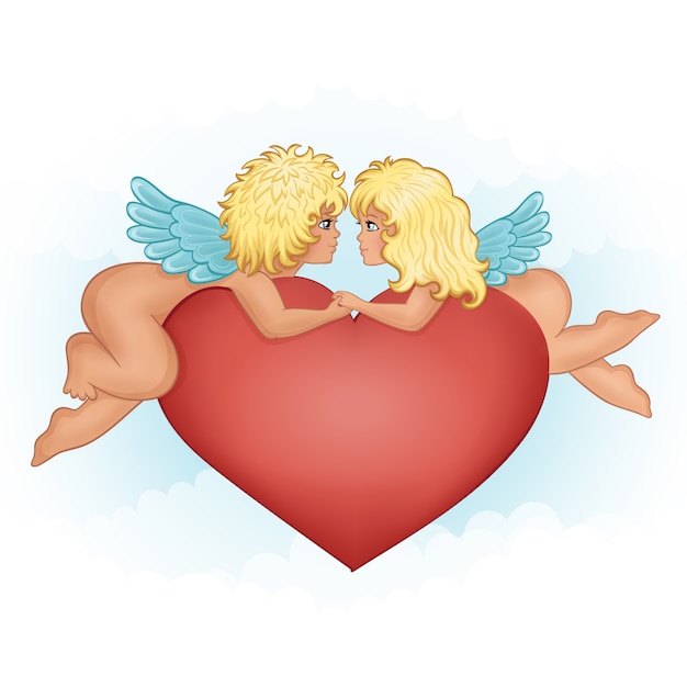 Vector angels girl and boy kissing holding hands