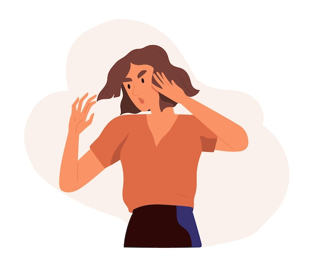 Angry and annoyed woman with irritated and furious face expression clutching her head in panic. Negative emotion of female character. Colored flat vector illustration isolated on white background.