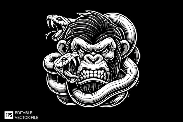 Vector angry ape dark art style vector design black and white illustration