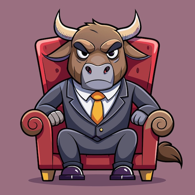 Vector angry big bull wearing suit on fancy chair cartoon vector illustration