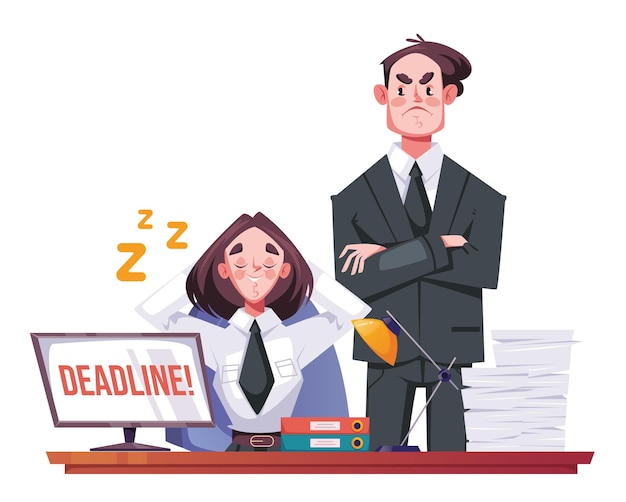 Angry boss and sleepy office worker employee concept graphic design illustration element