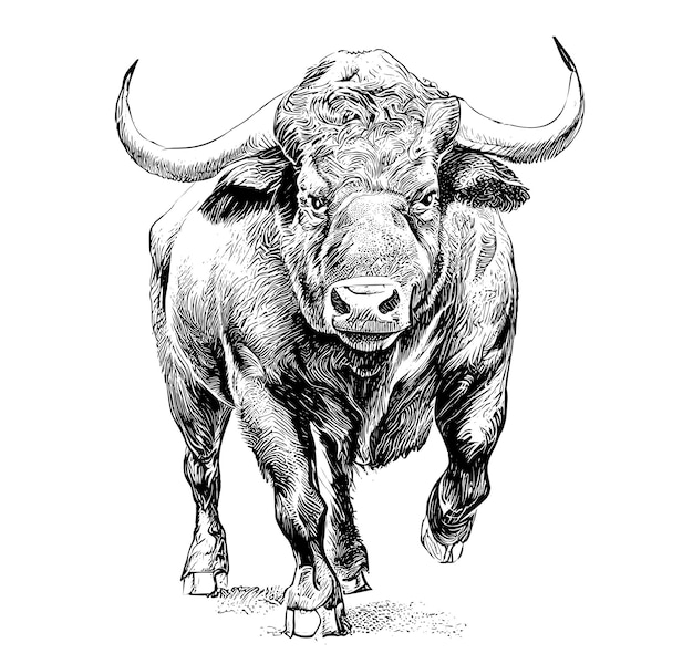 Angry bull runs towards the opposite direction hand drawn sketch Vector illustration