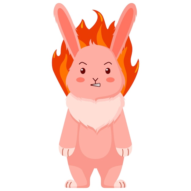 Angry bunny with a fire on a white background Emotion of anger Cute cartoon character in bad mood