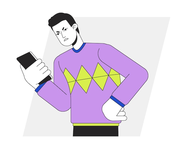 Vector angry caller looking at phone flat line vector spot illustration