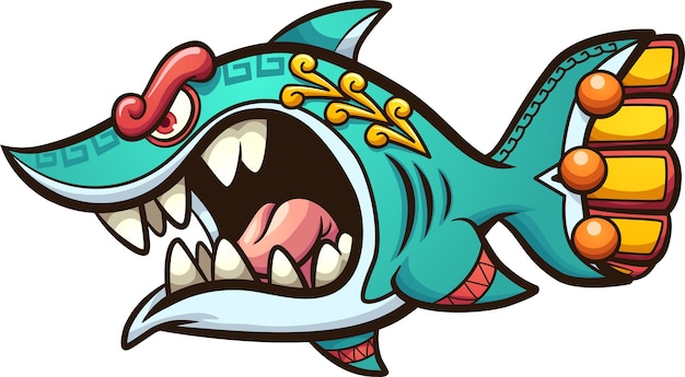 Angry cartoon Aztec shark with open mouth.   clip art illustration.  
