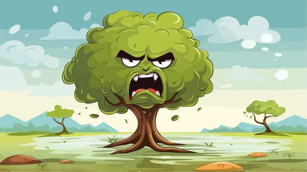 Vector angry cartoon tree illustration a 2d concept of emotional woodland tree