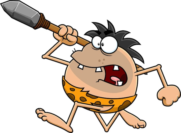 Angry Caveman Cartoon Character Running With A Spear Vector Hand Drawn Illustration