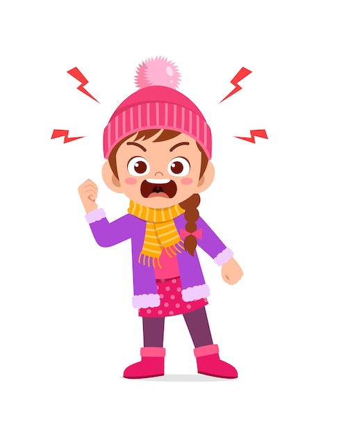 Angry cute little kid scream and wear jacket in winter season