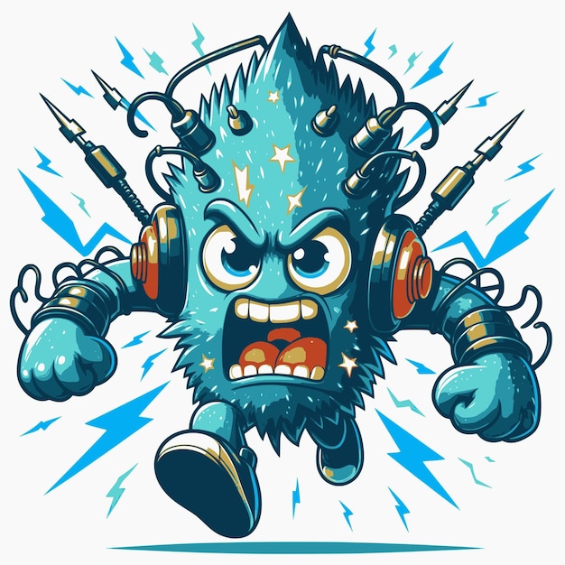 Angry Electric Monster Running Front View Transparent Background