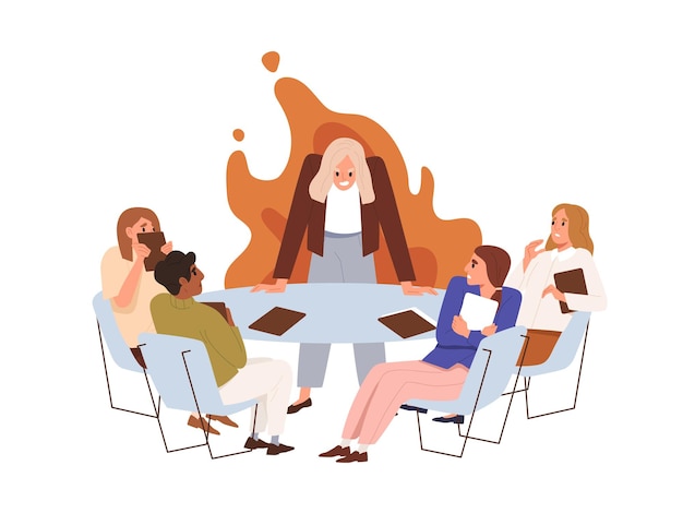 Angry evil boss and nervous tensed employees at business meeting. Annoyed furious dissatisfied mad woman in bad mood and team in stress and fear. Flat vector illustration isolated on white background.