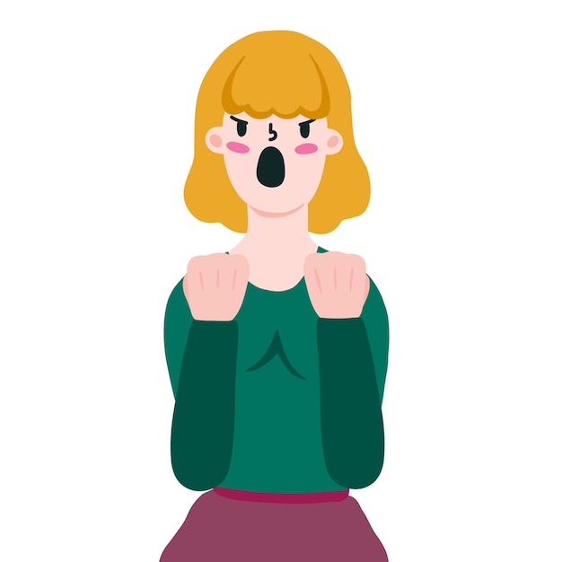 Angry evil woman clenches her fists. Disgruntled person. Angry man in cartoon flat style. Vector