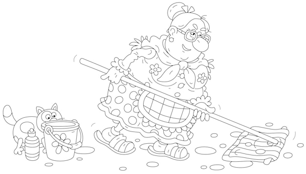 Angry fat housewife with a basin and a flower on her head waving a mop and swearing at housemates