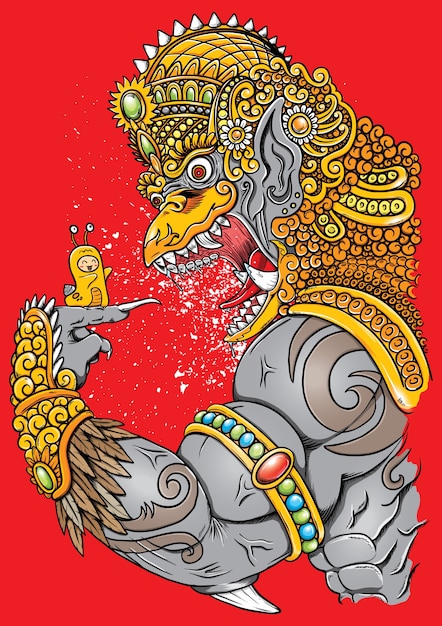 angry garuda and cute snail illustration with traditional ornaments