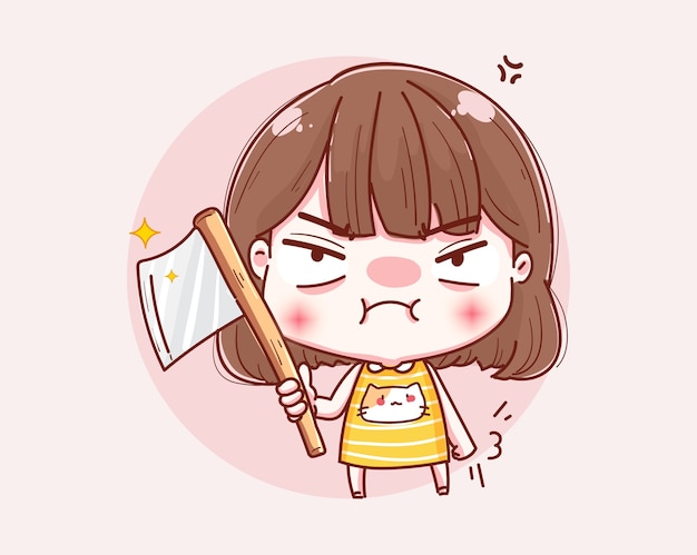 Angry girl holding axe and character design.