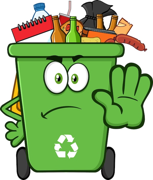 Angry Green Recycle Bin Cartoon Mascot Character Full With Garbage Gesturing Stop