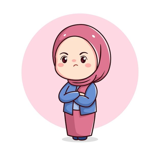 Angry hijab girl kawaii chibi flat character in blue and pink dress