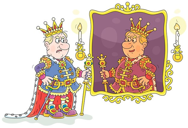 Vector angry king in a golden crown arguing with himself and talking to his reflection in a mirror