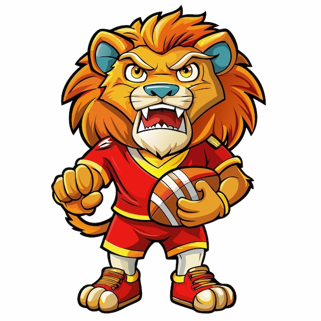 Angry Lion Holding Football on White Background