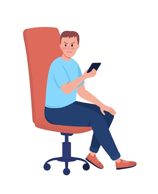 Angry male teenager with smartphone semi flat color vector character. Full body person on white. Cyberbullying issues isolated modern cartoon style illustration for graphic design and animation