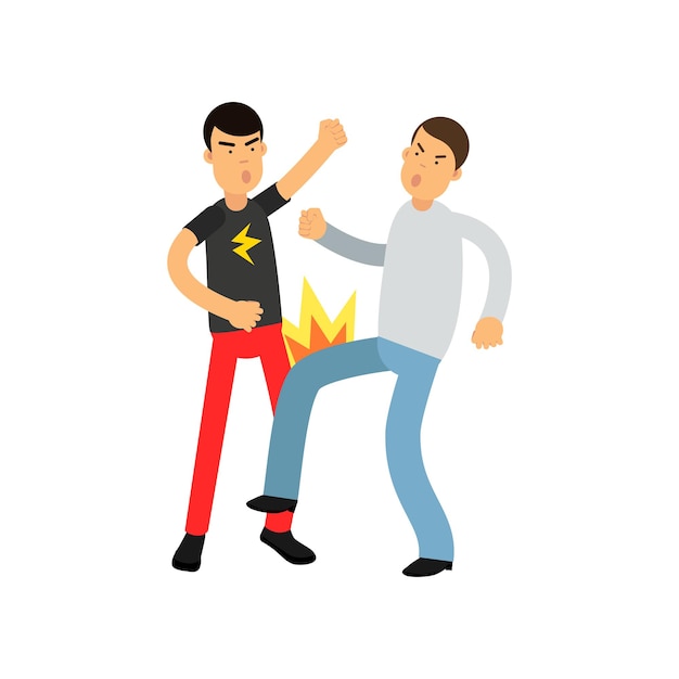 Angry man in gray sweater punches young guy in t-shirt with flash. Aggressive behavior and fighting. Cartoon people characters in action. Vector illustration in flat style isolated on white background