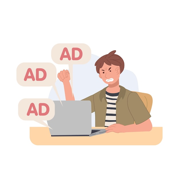 Angry man with ads notifications from laptop internet ad spam Vector illustration