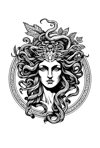 Vector angry medusa head hand drawn illustration