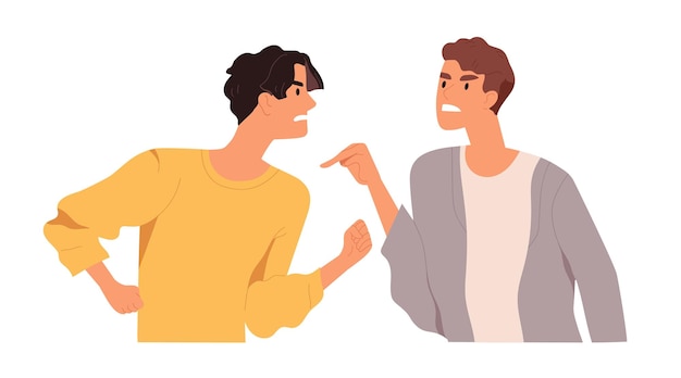 Angry men arguing and conflicting. Quarrel and fight between two aggressive people. Male characters shouting, blaming and criticizing. Colorful flat vector illustration isolated on white background.