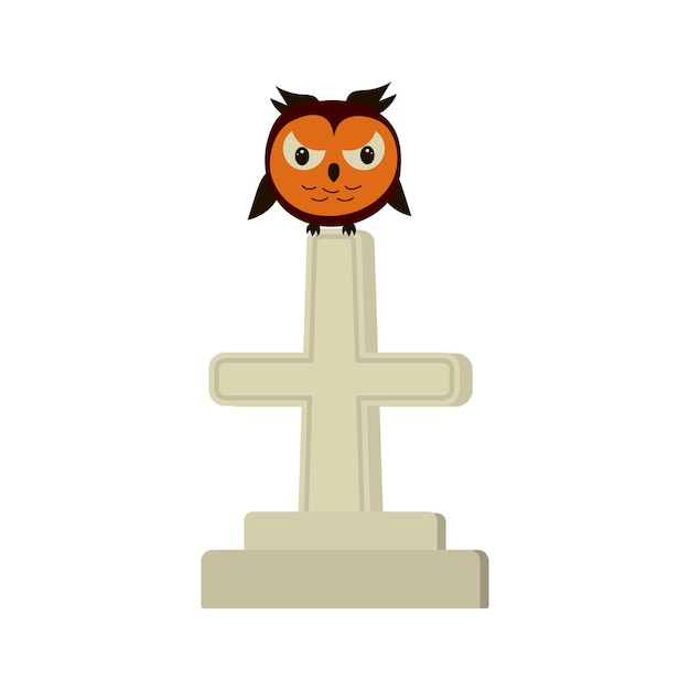 Angry owl sitting on a gravestone cross. Halloween vector symbol.