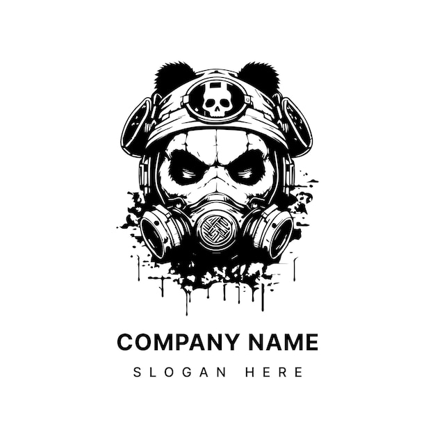 Angry panda head with gas mask logo black and white hand drawn illustration