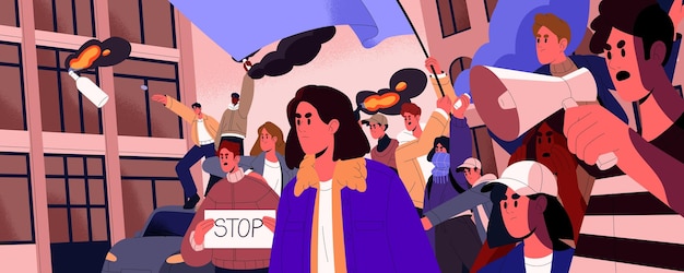 Angry people at revolution strike Protesters at demonstration aggressive riot protest Street revolt rebellion Opposition crowd demonstrators against political power Flat vector illustration