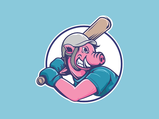 Angry piggy playing baseball mascot character badge