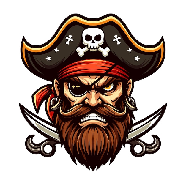 Angry pirate head face with hat and eye patch mascot design vector illustration