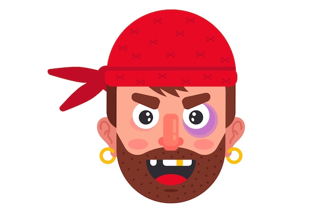 Angry pirate in a red bandana. sailor with a gold earring. flat vector illustration. flat vector illustration.