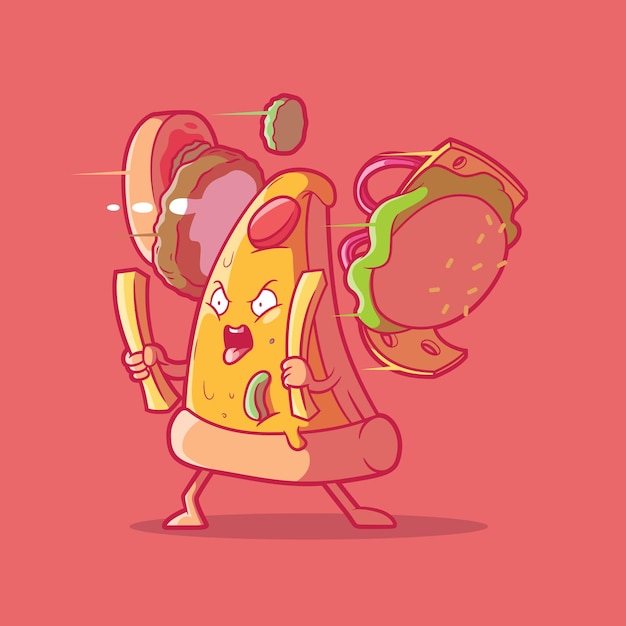 Angry Pizza slicing a burger vector illustration Food funny mascot design concept