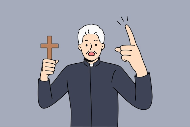 Angry priest with wooden christian cross shouts urging think about approaching day of judgment