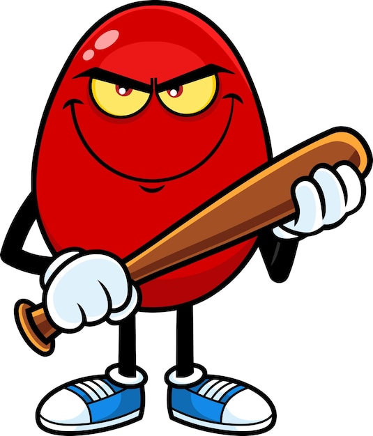 Angry Red Easter Egg Cartoon Character With Baseball Bat. Vector Illustration