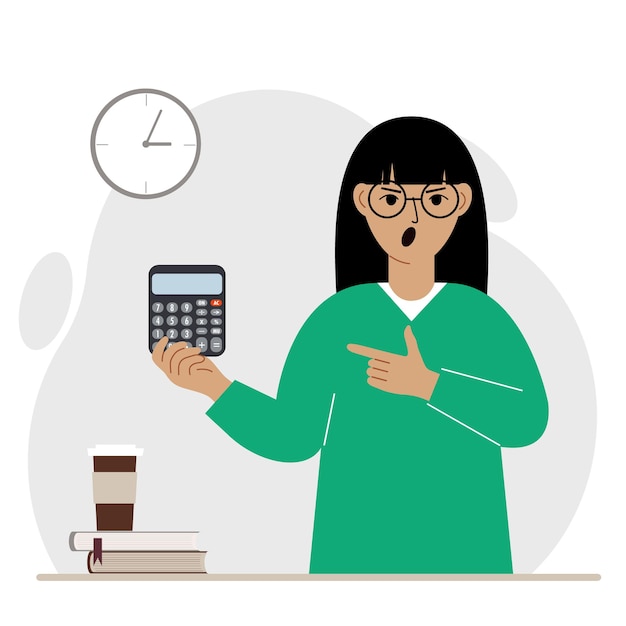 Angry screaming woman holds a digital calculator in his hand and points to the calculator with the other hand. Vector flat illustration