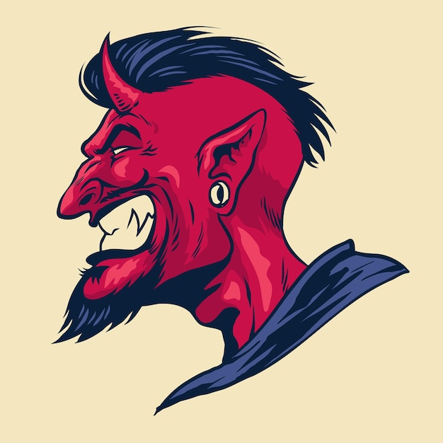 Angry side face of devil in vintage hand drawn style