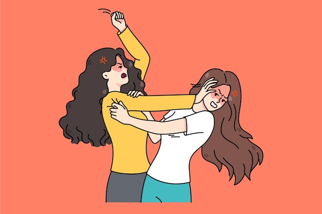 Angry teenage girls fighting pulling hair