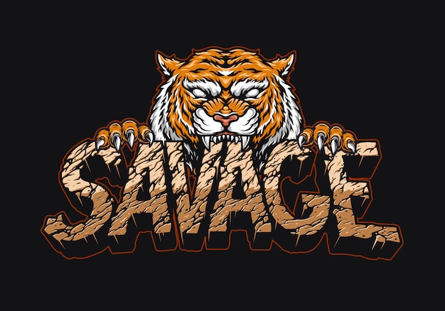 Vector angry tiger holding savage lettering