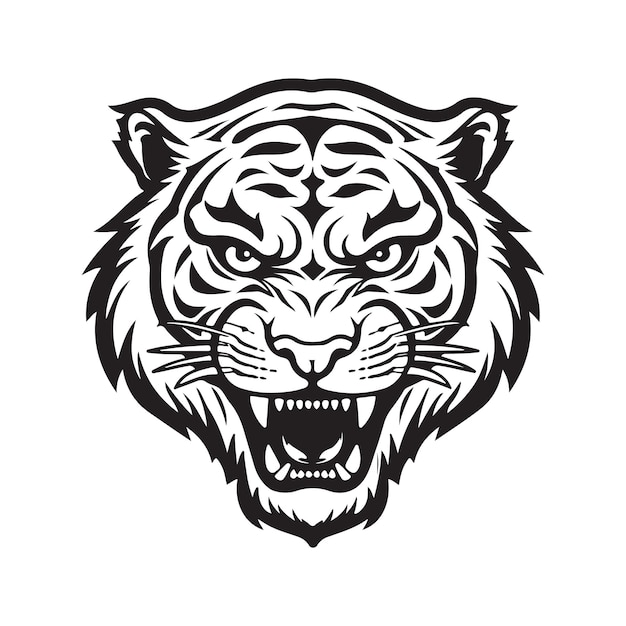 Angry tiger logo concept black and white color hand drawn illustration