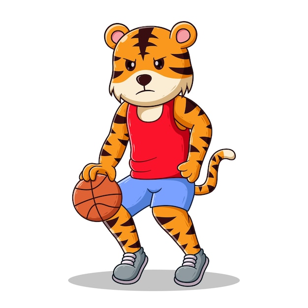 Angry Tiger Playing Basketball Cartoon. Animal Icon Concept