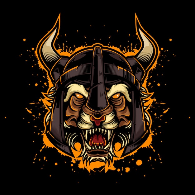 Angry Tiger Vintage Logo Style with Viking Helmet