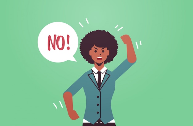 angry unhappy woman saying NO speech balloon with NO scream exclamation negation concept furious screaming african american girl raising hand flat portrait horizontal