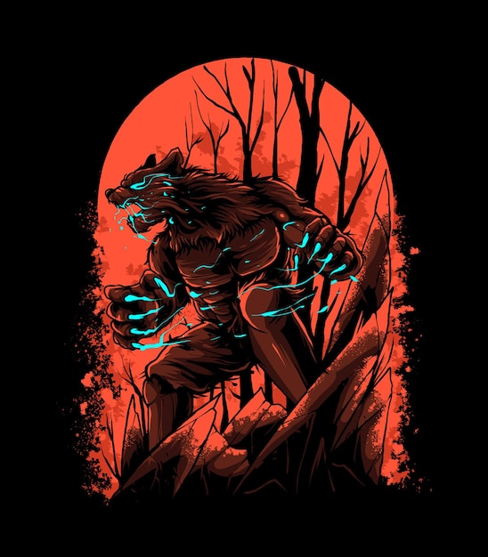 Angry werewolf on red blood moon Illustration Vector