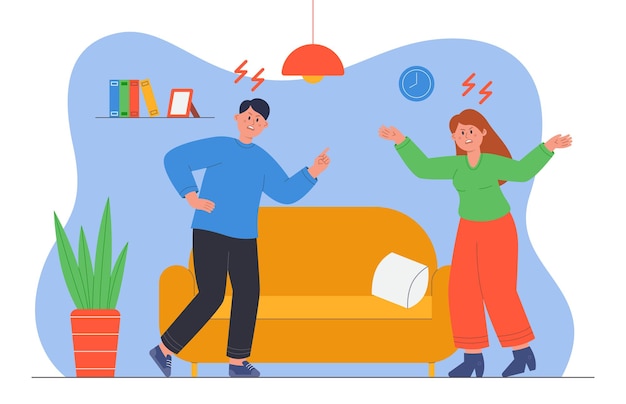 Angry wife and husband fighting in living room. Married couple arguing flat vector illustration. Family, conflict, relationship, divorce concept for banner, website design or landing web page